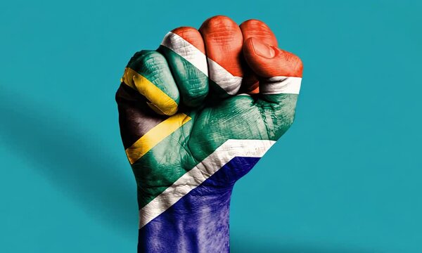 A powerful raised fist with the South African flag painted vibrantly on the hand represents pride and freedom on Nelson Mandela Day.