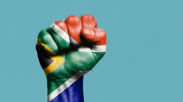 A powerful raised fist with the South African flag painted vibrantly on the hand represents pride and freedom on Nelson Mandela Day. - Powered by Adobe