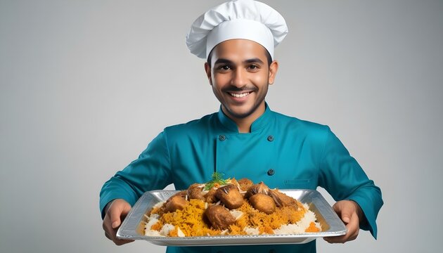 A chef wearing a teal chef's jacket and white toque presents a tray filled with fried chicken, rice, and vegetables, suggesting culinary expertise and hospitality.