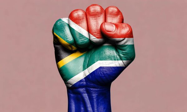 A dark skinned fist raised high, painted with layers of red, blue, yellow, green, black, and white to honor Nelson Mandela Day.