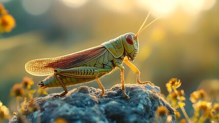 Fototapeta premium A Detailed Close Up of a Grasshopper on a Rock at Sunset Golden Hour Insect