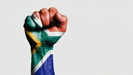 Fist raised in solidarity painted with South African flag on Nelson Mandela Day