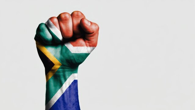 Fist raised in solidarity painted with South African flag on Nelson Mandela Day - Powered by Adobe