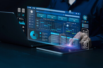 Project management and Business Planning Calendar Agenda work schedule concept. Businessman manages time for effective work with Calendar and manager working projects on virtual screen. update task.
