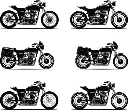 A set of six custom cafe racer style motorcycle silhouette vector illustrations, including some with touring pannier boxes.