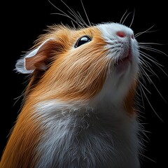 Adorable Orange and White Guinea Pig Portrait Close UpLooking Upwards Against Black Background