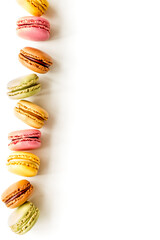 Macarons design on white background top view space for text