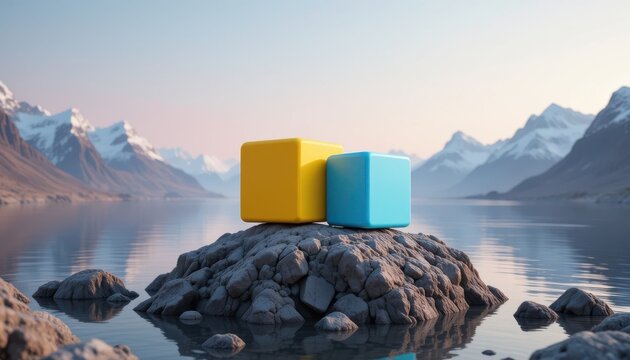 Conceptual Arrangement of Colorful Cubes on Island Rock with Mountain View