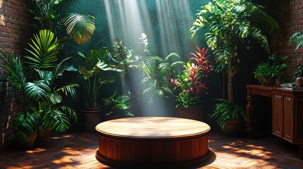 Wooden pedestal surrounded by lush tropical plants in a sunlit interior.
