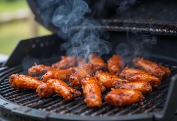 Buffalo wings on grill with visible charring and sauce glaze, smoke rising, outdoor BBQ setting, crisp textures and color pop.