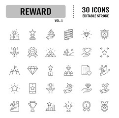 Reward line editable icon set. Containing award, prize, medal, gift, trophy, achievement, certificate and more. Vector illustration