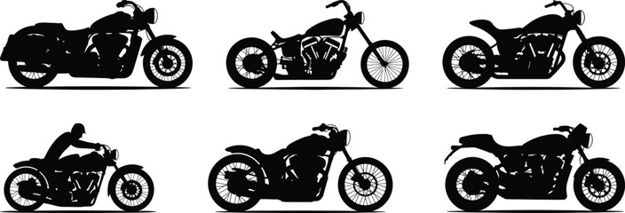 Obraz premium A collection of different motorcycle silhouette vector graphics, including chopper, bagger, and cafe racer styles with riders.