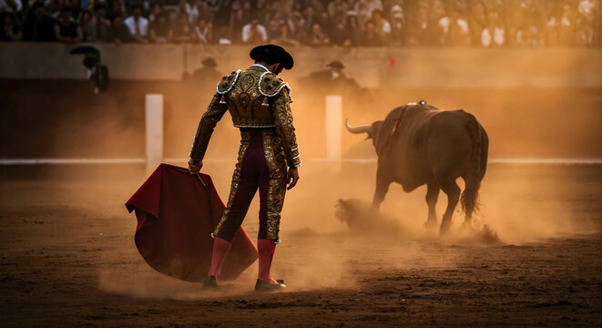Matador and charging bull frozen mid-action in dusty arena glow.