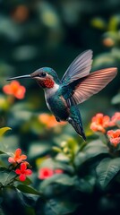 Fototapeta premium Vibrant Hummingbird in Flight Amidst Lush Green Foliage and Red Flowers