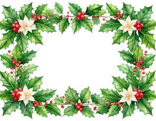 Fototapeta premium Vintage Watercolor Holly Blossom Frame with Leaves, Isolated transparent PNG.