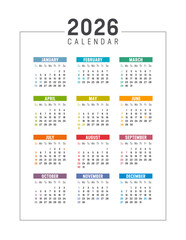 Year 2026 vertical calendar, colorful USA planner, white background english language