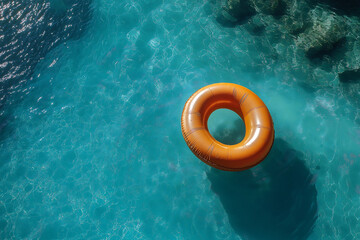 inflatable pool float in clear blue water summer background swimming pool scene from above float in water 