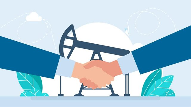 Handshake of two businessmen against the background of a oil rig and pipeline. Agreement for the extraction of petroleum. Oil Industry Production Partnership with Handshaking. 2d flat animation