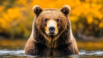 Obraz premium Majestic Brown Bear in Autumn River Wildlife of a Large Mammal in its Natural Habitat