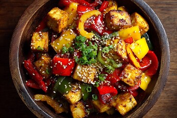 Vibrant tofu stir fry with peppers and sesame in bowl  
