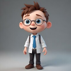A 3D cartoon scientist with glasses, white lab coat, and blue tie stands confidently against a plain backdrop, combining charm with professionalism.