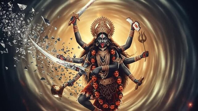 Dynamic portrayal of a multi-armed goddess amidst swirling cosmic energy with symbolic ornaments