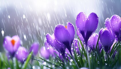 Purple Crocuses Blossoming In Spring Sunshine Under Raindrops In Garden During Rainy Weather Of The Season