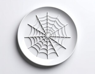 3D spiderweb icon stretched across a plate edge, cute Halloween motif, minimal white or blurred background