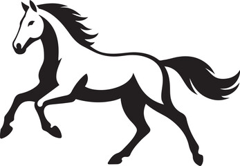Black and white silhouette of a running horse, Elegant galloping horse in profile view