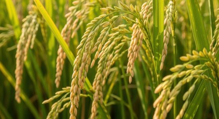 Golden rice stalks in a lush green field under bright sunlight