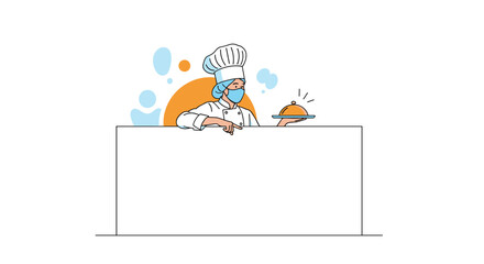 Obraz premium Skilled chef presents delicious food dish with protective face mask and catering cover ready for service