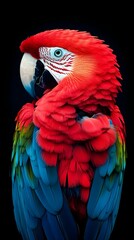 Naklejka premium Vibrant Scarlet Macaw Parrot Portrait Stunning Red and Blue Feathers Close Up Exotic Bird