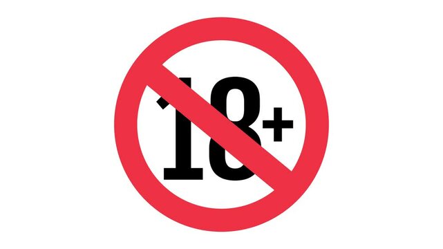 Animation of 18 plus icon sign on white background. Warning symbol sign under 18. Only those over 18 are censored. Age eighteen and above. video 4k