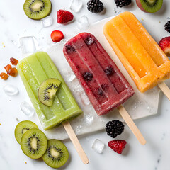 Colorful assorted fruit popsicles with fresh berries and kiwi, refreshing summer treat.