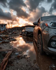 Peel and stick wall murals Mud covered cars in debris strewn area at sunset Damaged vehicles after a disaster