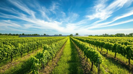 Vast Vineyard Landscape Under a Sunny Sky: Rows of Grapevines and Solar Panels in a Picturesque Rural Setting