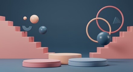 Colorfull stairway realistic 3D cylinder pedestal podium. Vector geometric forms in shadow.