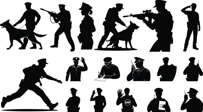 A large collection of police officer silhouette vector graphics showing cops in various poses, with a dog, gun, and on duty.