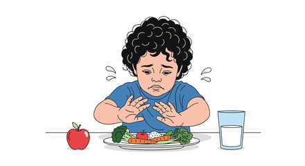 Picky eater child refusing to eat healthy vegetables and fruits showing disgust and fear