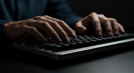 Shadowy hands swiftly type on a sleek, dark keyboard in the dim light, creating a mysterious and intense atmosphere.