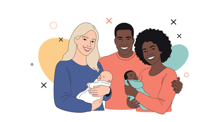 Fototapeta premium Diverse families welcoming new life and love with tiny newborns celebrating joyful beginnings