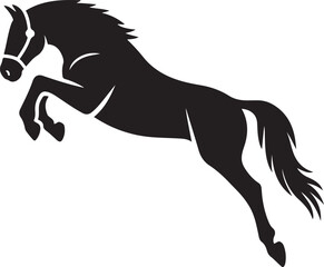 Horse mid jump silhouette black vector, Dynamic jumping horse design black and white