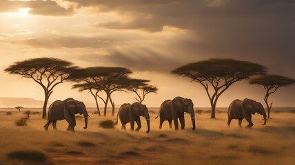 Fototapeta premium Herd of elephants walking across the savanna at sunset with silhouettes against the colorful sky