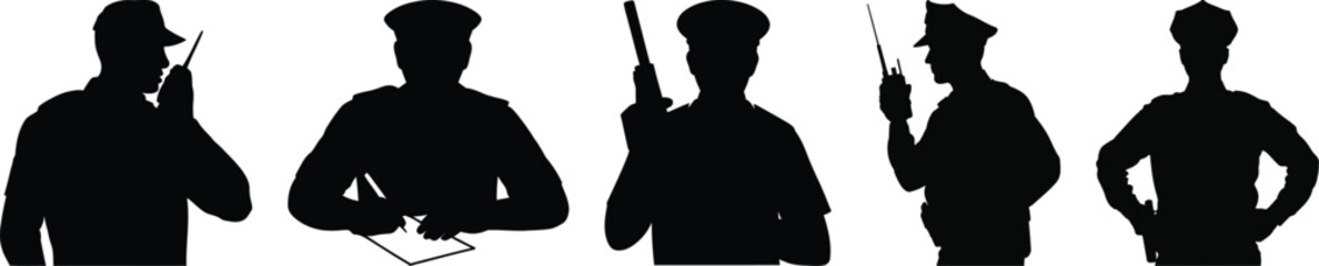 A set of five police officer bust silhouette vector icons, showing cops writing, using a radio, and holding a shotgun on duty.