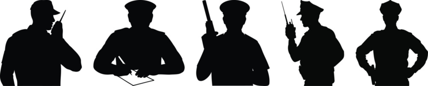 A set of five police officer bust silhouette vector icons, showing cops writing, using a radio, and holding a shotgun on duty.