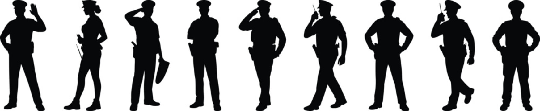 A collection of nine police officer full body silhouette vector illustrations, showing male and female cops in various standing poses.