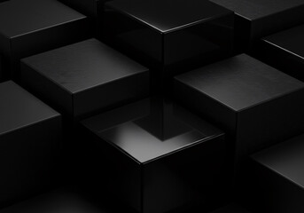 Luxury abstract background of geometric black cubes with matte and glossy surfaces. Sophisticated dark pattern for technology or corporate branding. 