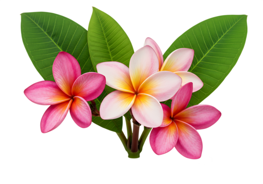Beautiful pink and white plumeria flowers with lush green leaves Isolated on transparent background