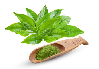 matcha green tea powder in wood spoon with leaves isolated on transparent png (Image from camera)