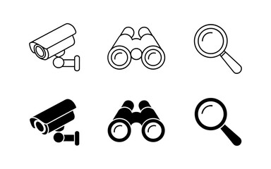 Vector art of security camera, binoculars, and magnifier, outline and solid vector icons